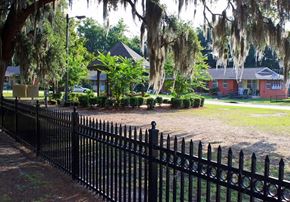 Hinesville apartment for rent - a black wrought iron fence surrounds a yard with moss covered trees