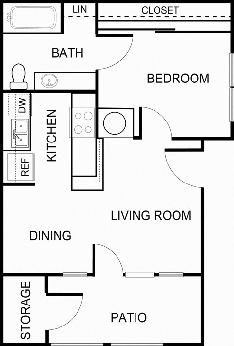 Floor plan for 1 bed, 1 bath, 513 sqft