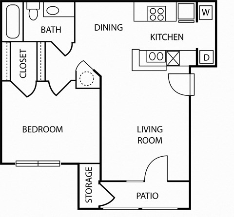 Floor plan for 1 bed, 1 bath, 644 sqft