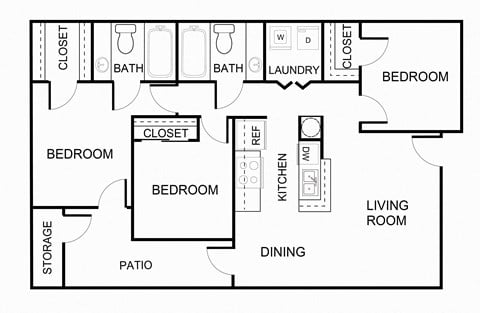 Floor plan for 3 beds, 2 baths, 1045 sqft