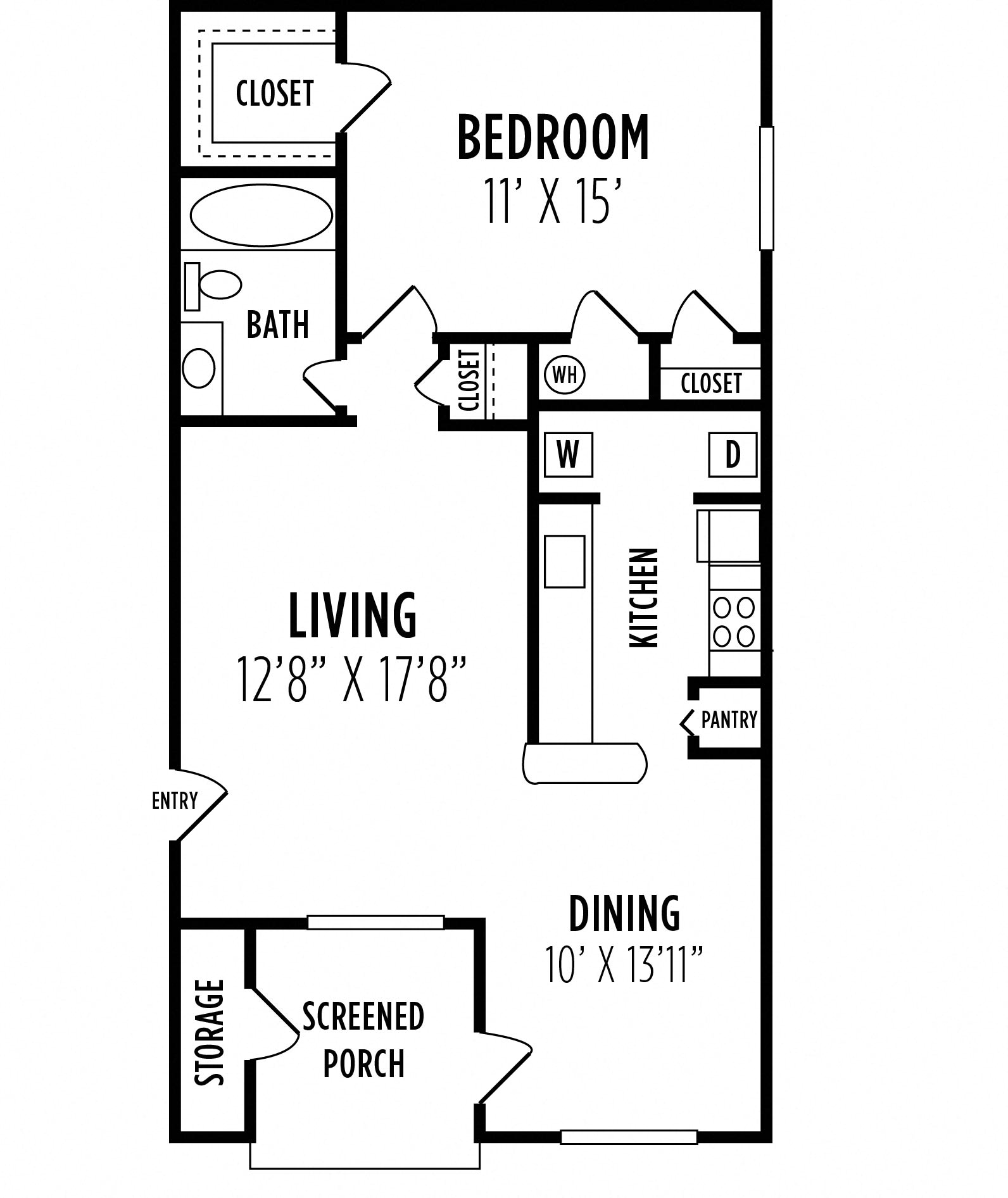 Floor plan for 1 bed, 1 bath, 764 sqft