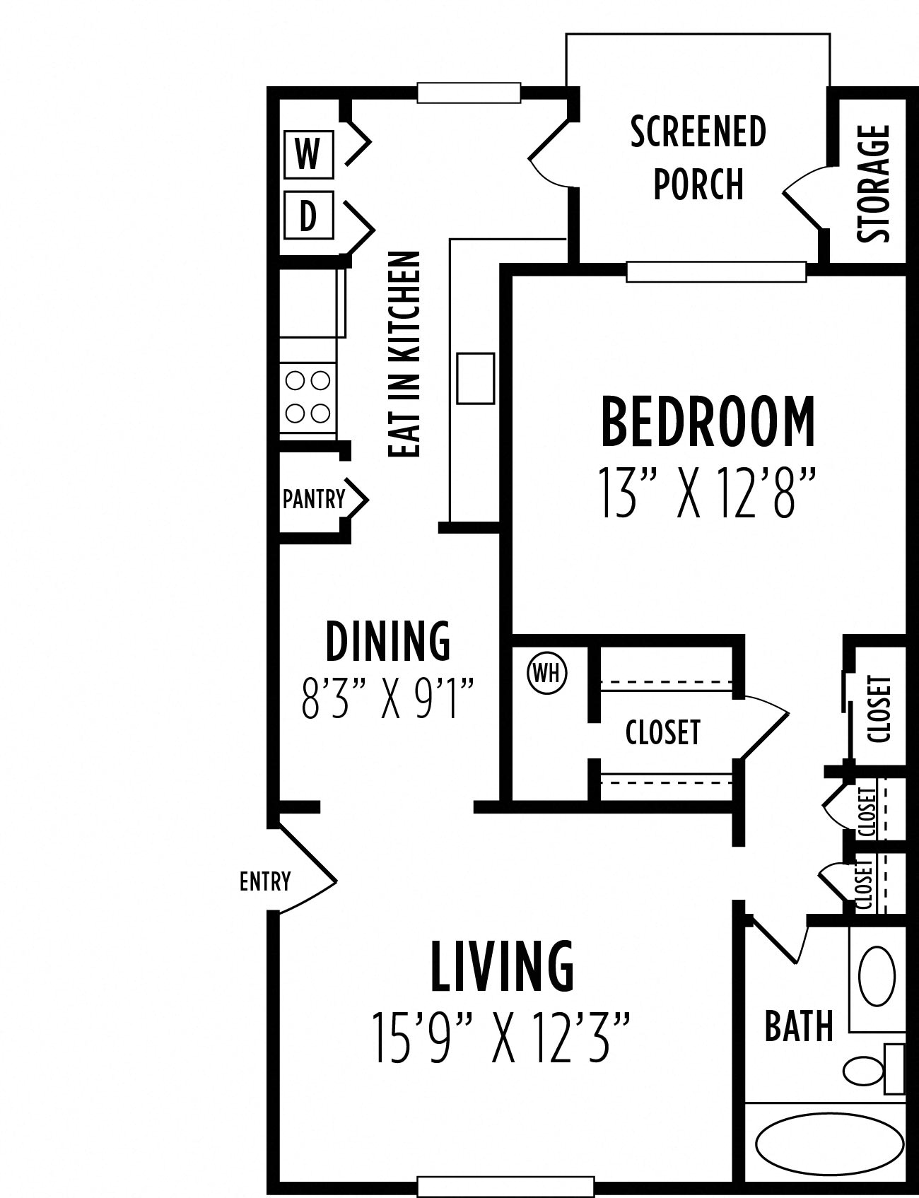 Floor plan for 1 bed, 1 bath, 782 sqft
