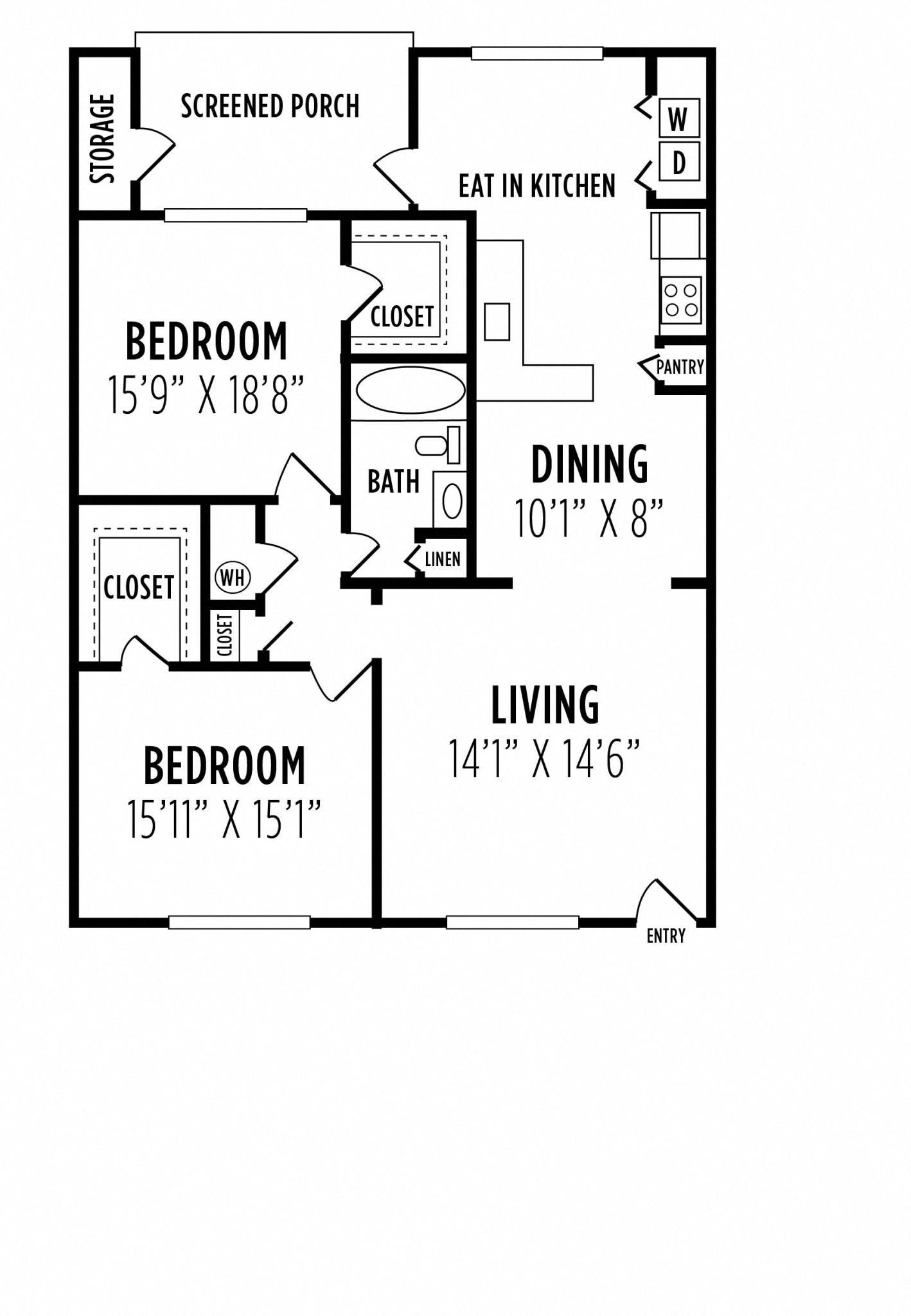 Floor plan for 2 beds, 1 bath, 1016 sqft