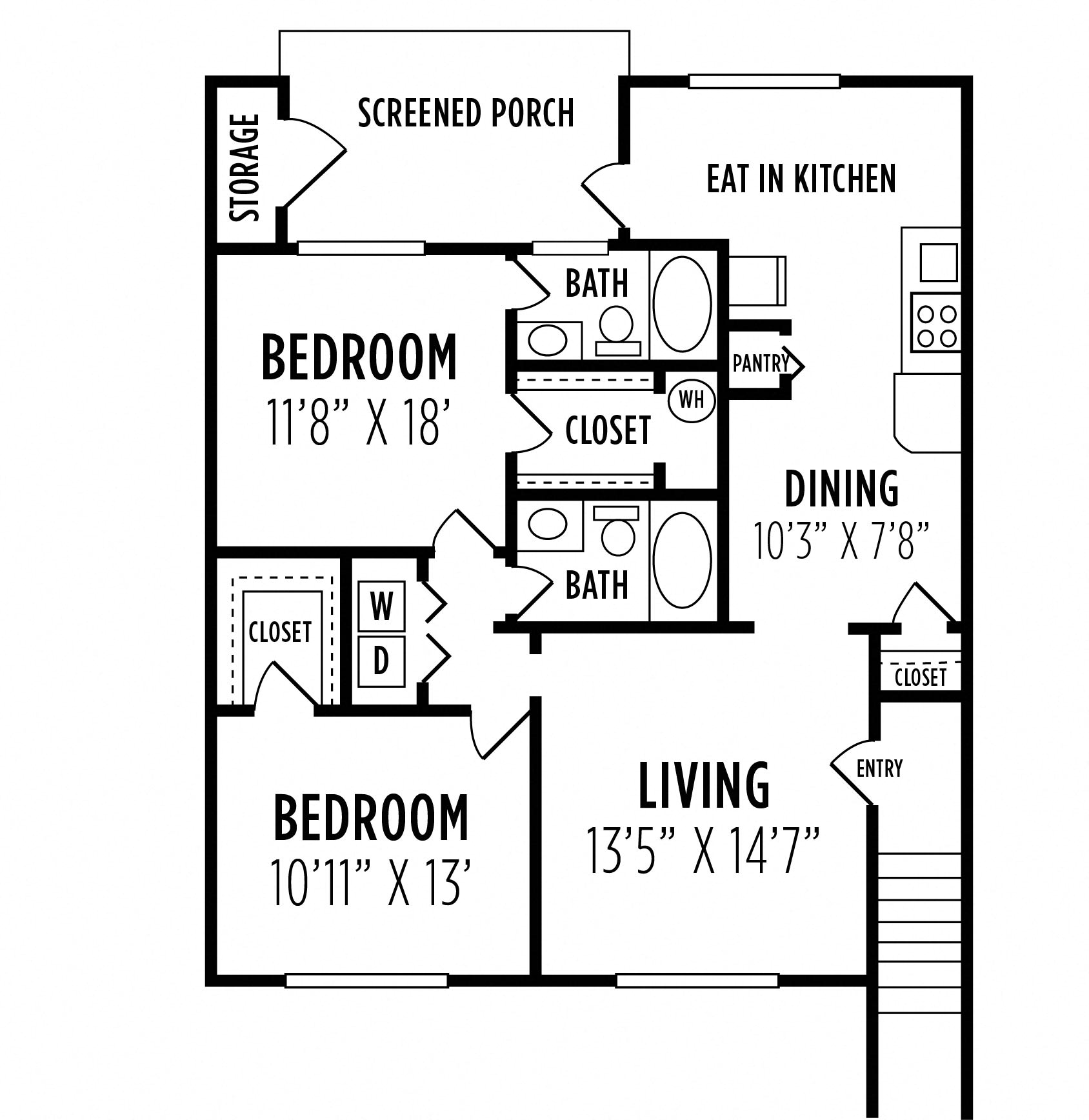 Floor plan for 2 beds, 2 baths, 1099 sqft