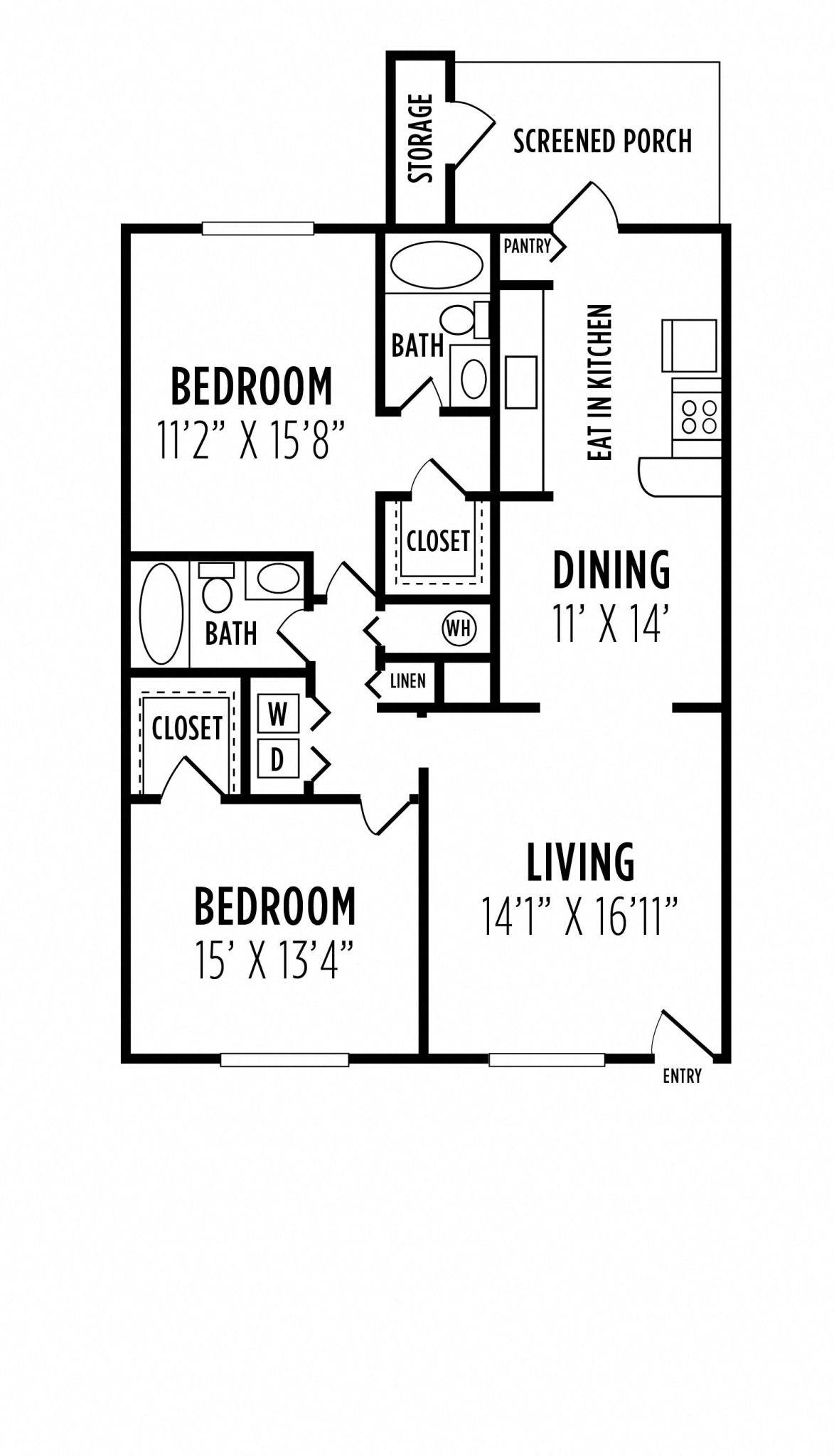Floor plan for 2 beds, 2 baths, 1118 sqft