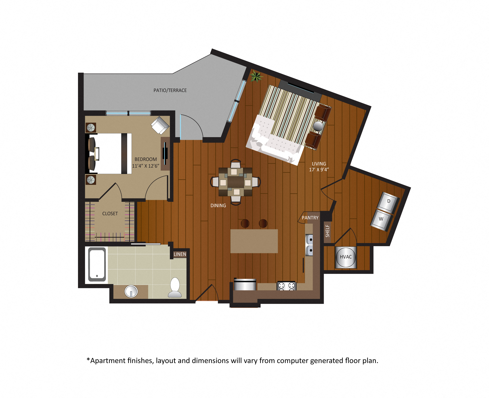 Floor plan for 1 bed, 1 bath, 968 sqft