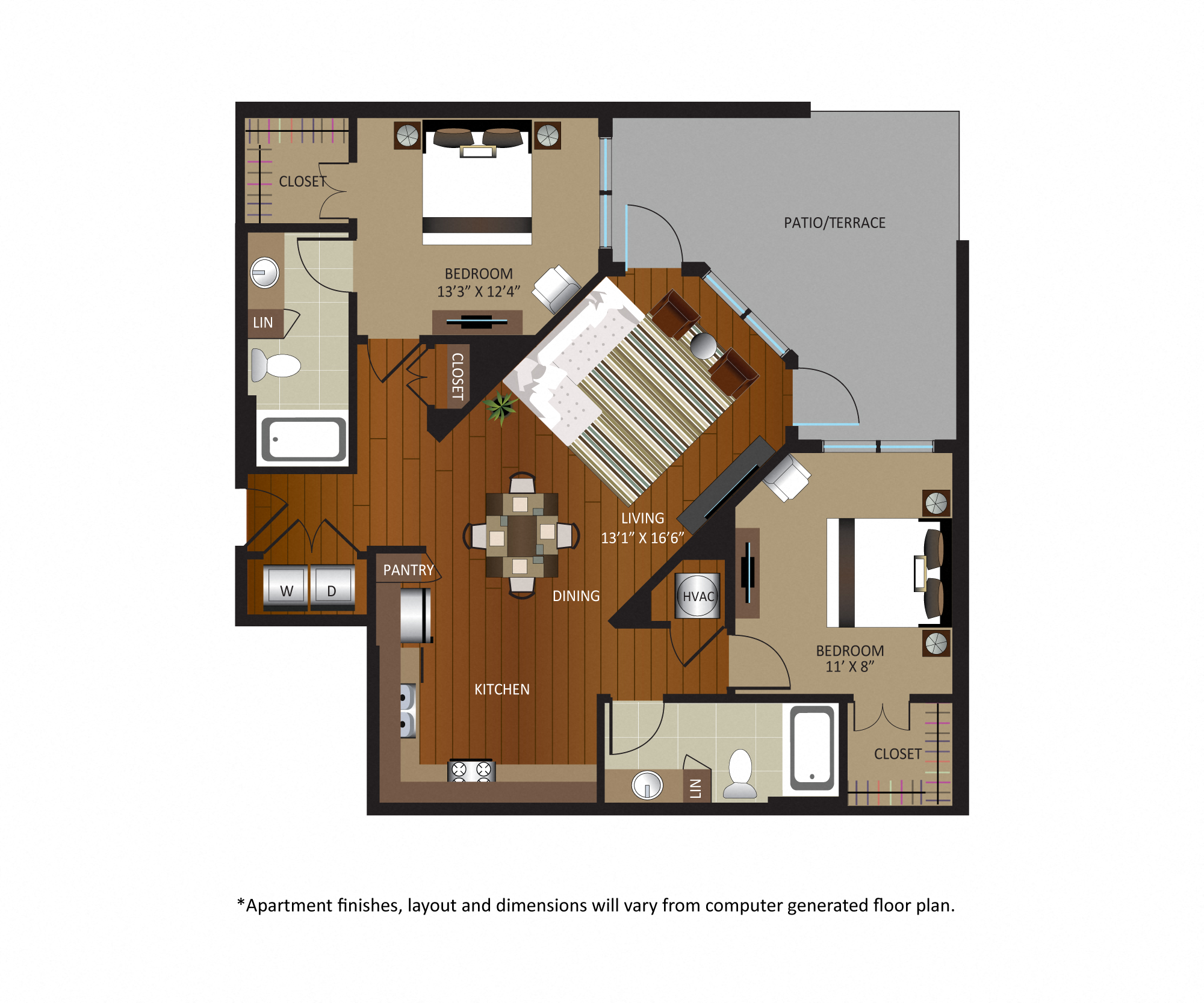Floor plan for 2 beds, 2 baths, 1090 sqft
