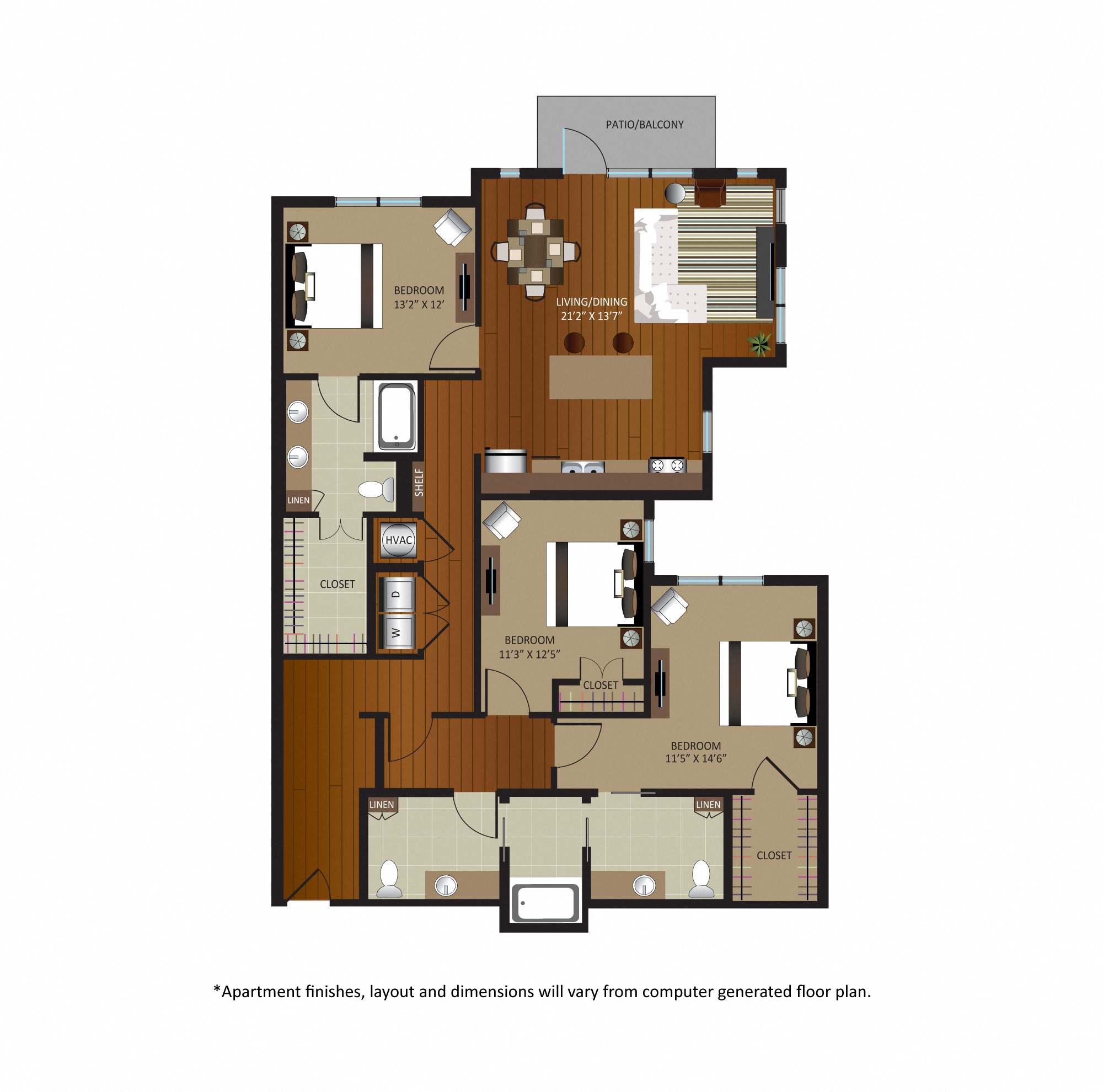 Floor plan for 3 beds, 3 baths, 1690 sqft
