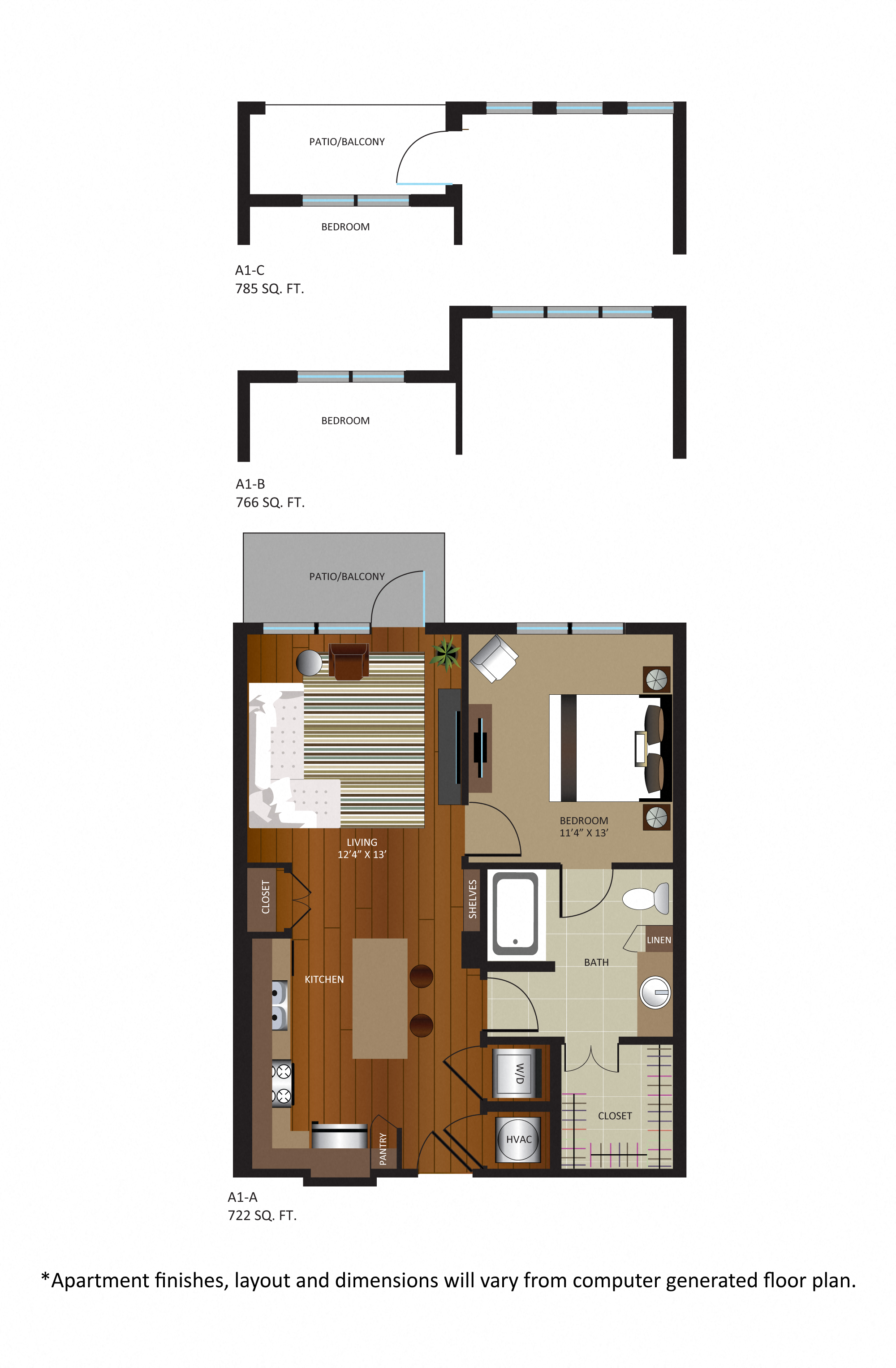 Floor plan for 1 bed, 1 bath, 722 sqft