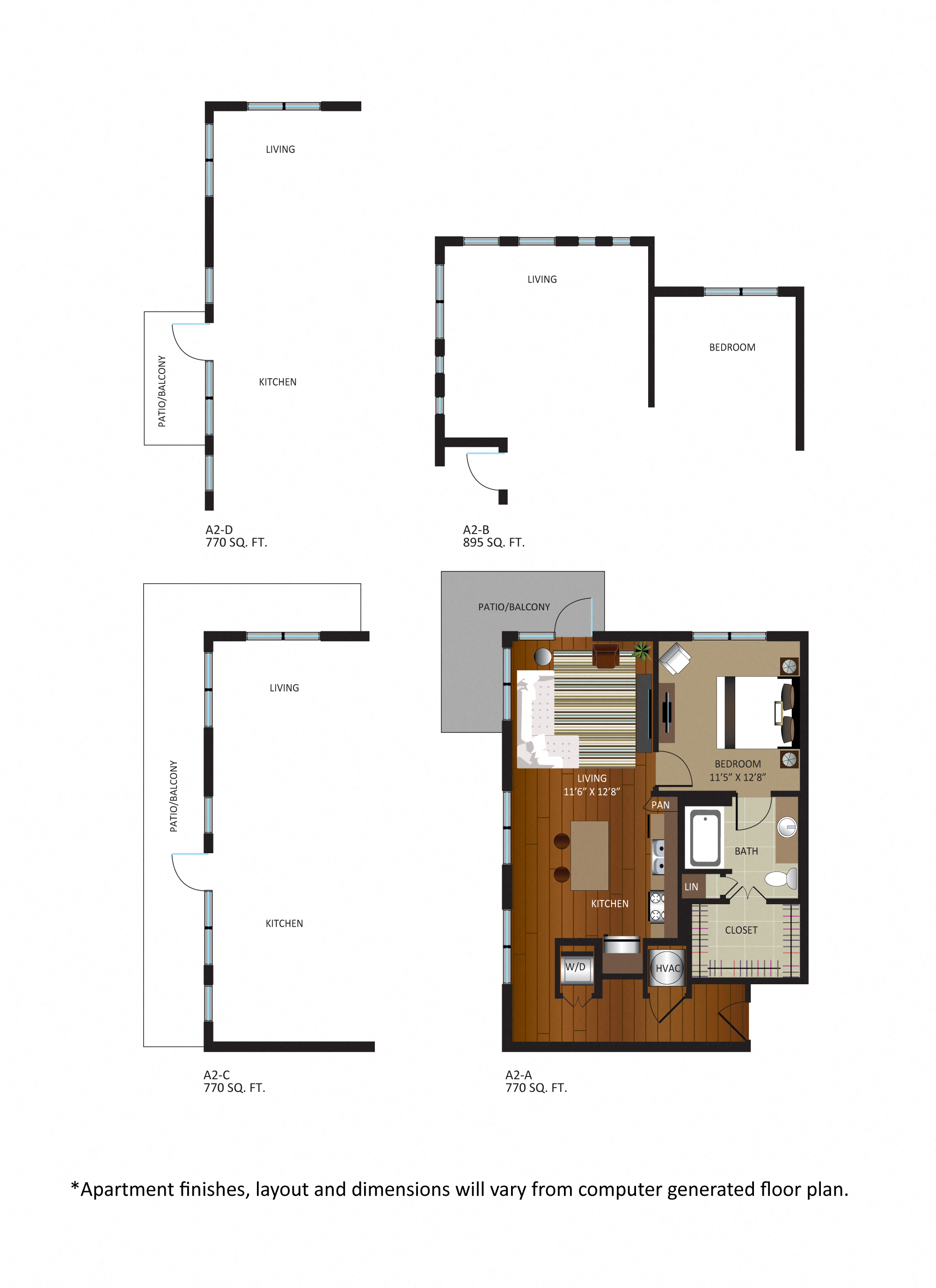 Floor plan for 1 bed, 1 bath, 770 sqft