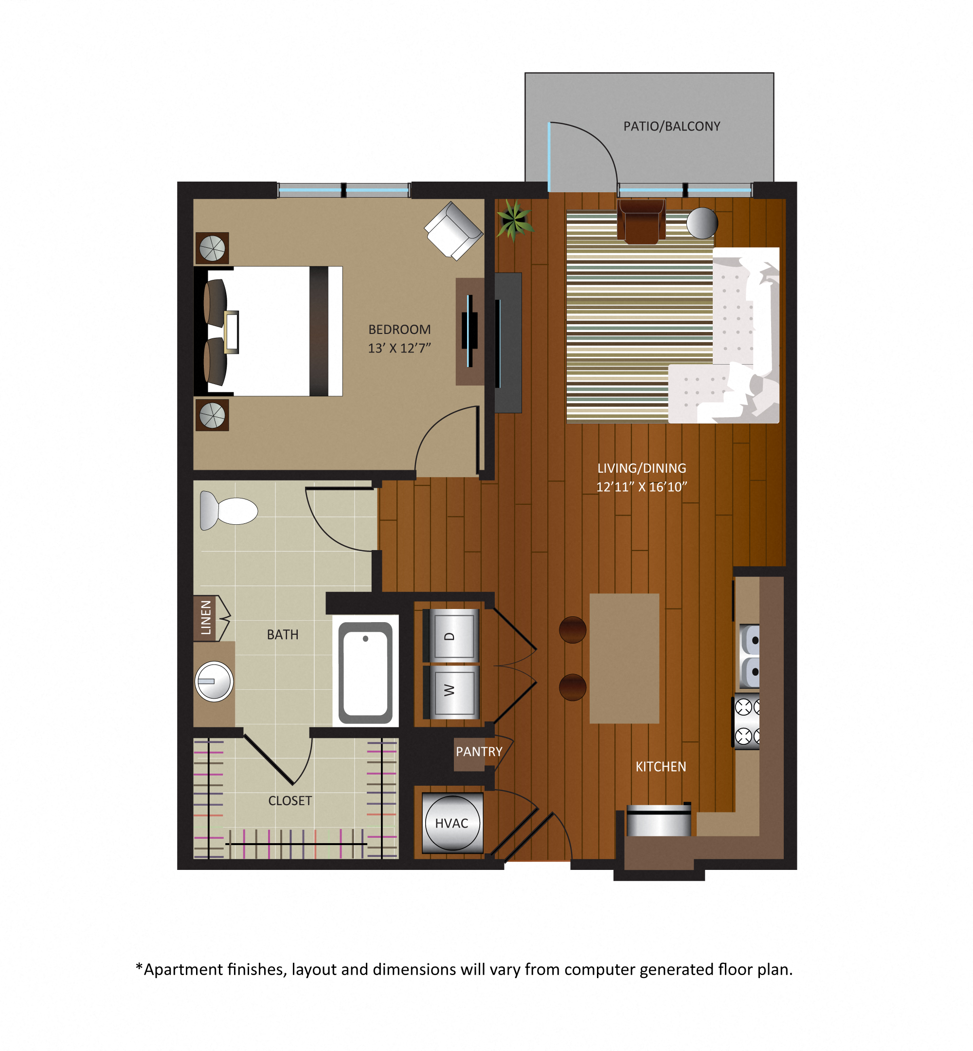 Floor plan for 1 bed, 1 bath, 805 sqft