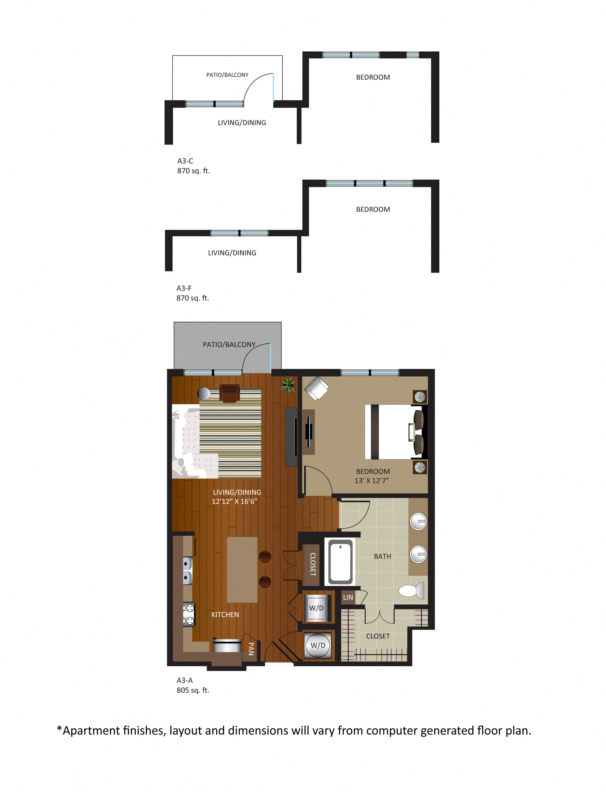 Floor plan for 1 bed, 1 bath, 870 sqft