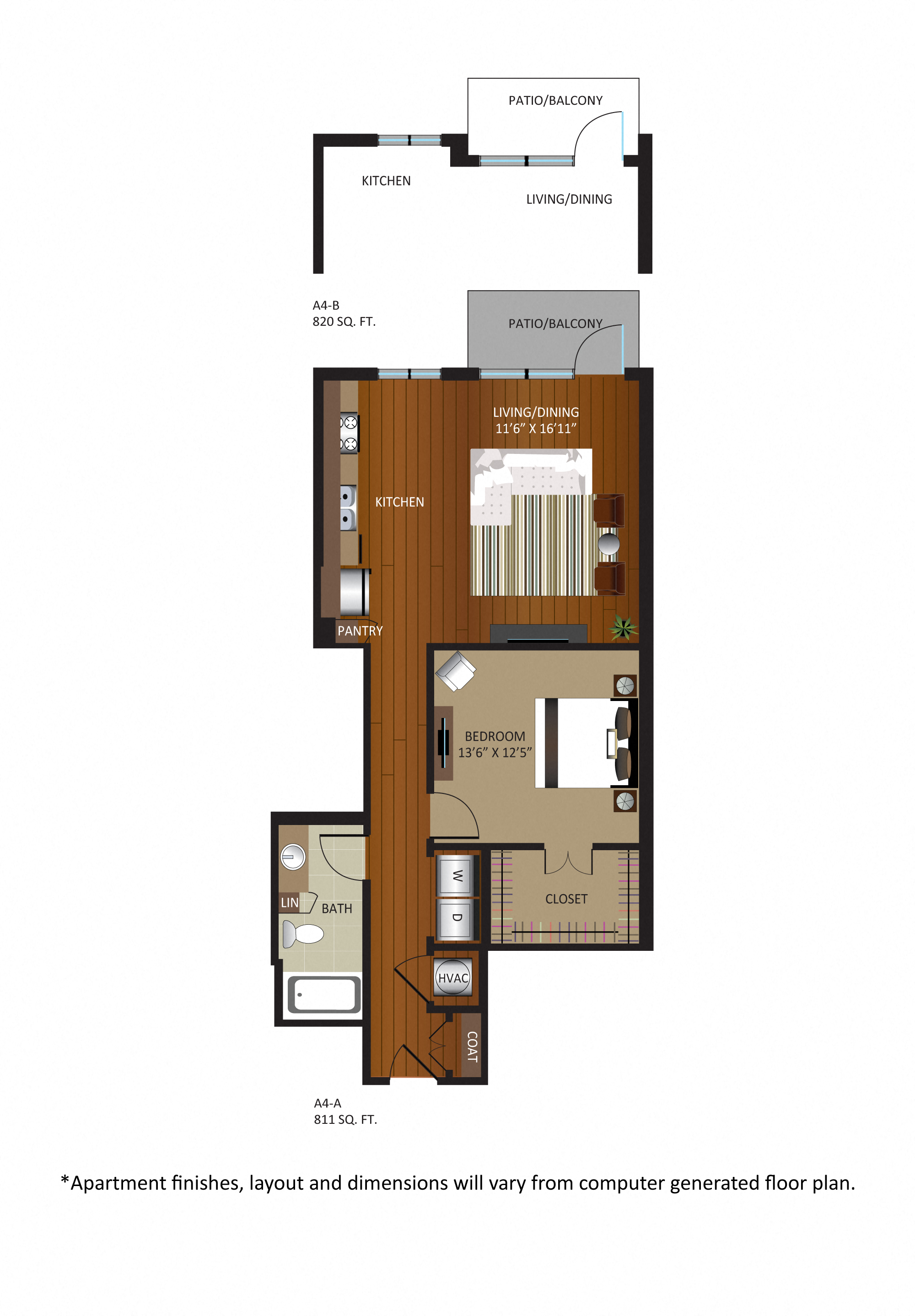 Floor plan for 1 bed, 1 bath, 820 sqft