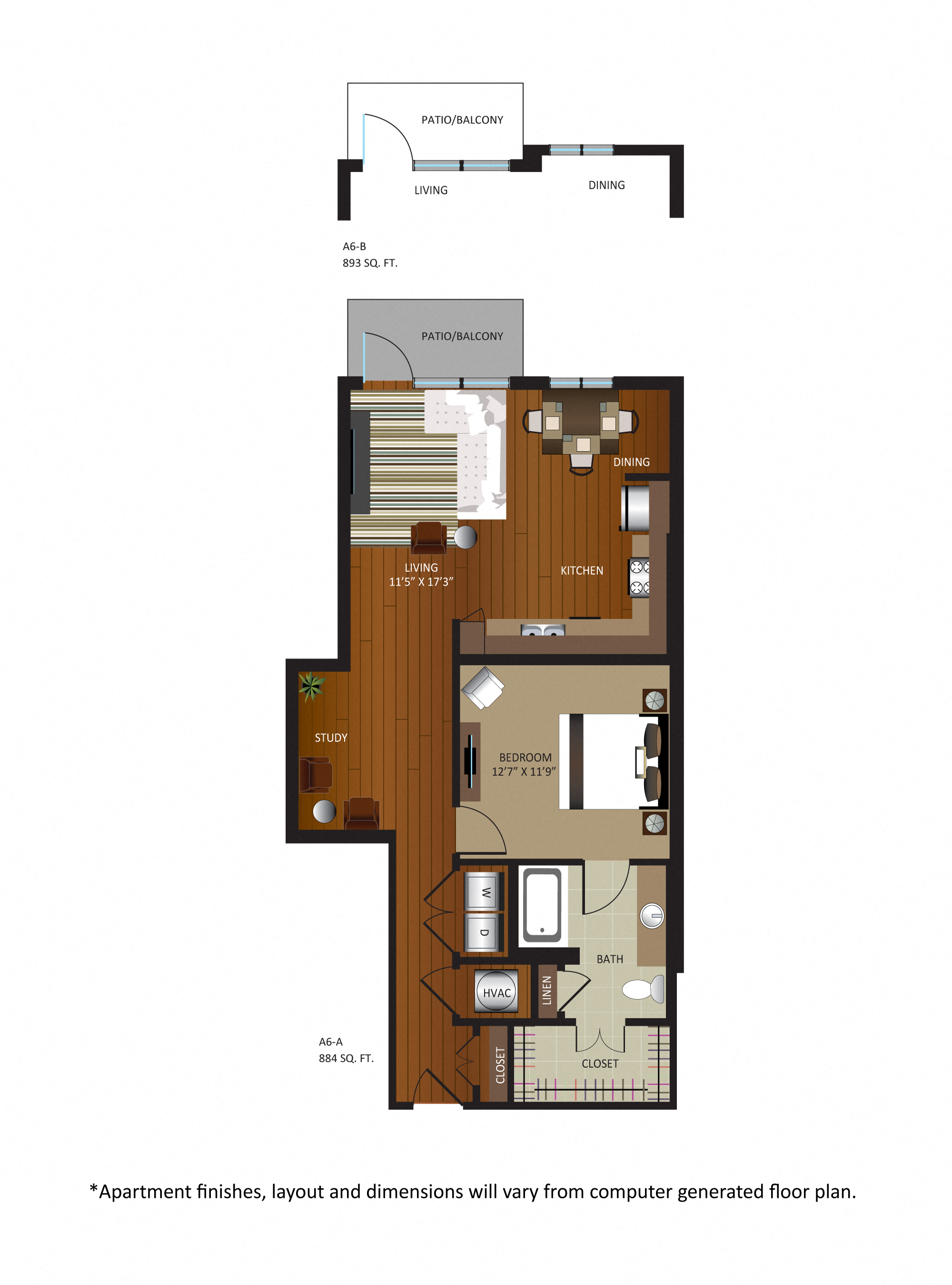 Floor plan for 1 bed, 1 bath, 893 sqft