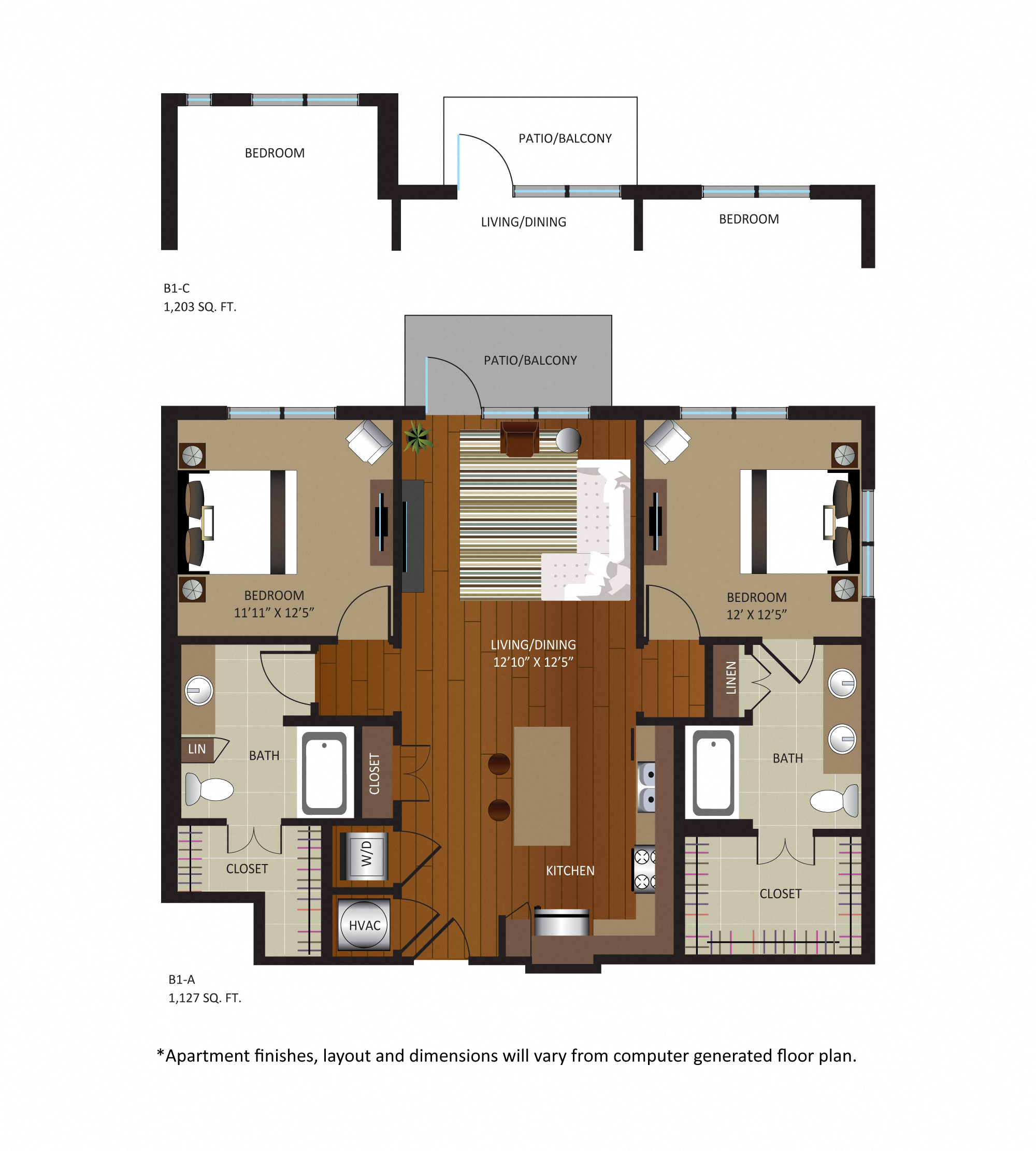 Floor plan for 2 beds, 2 baths, 1203 sqft