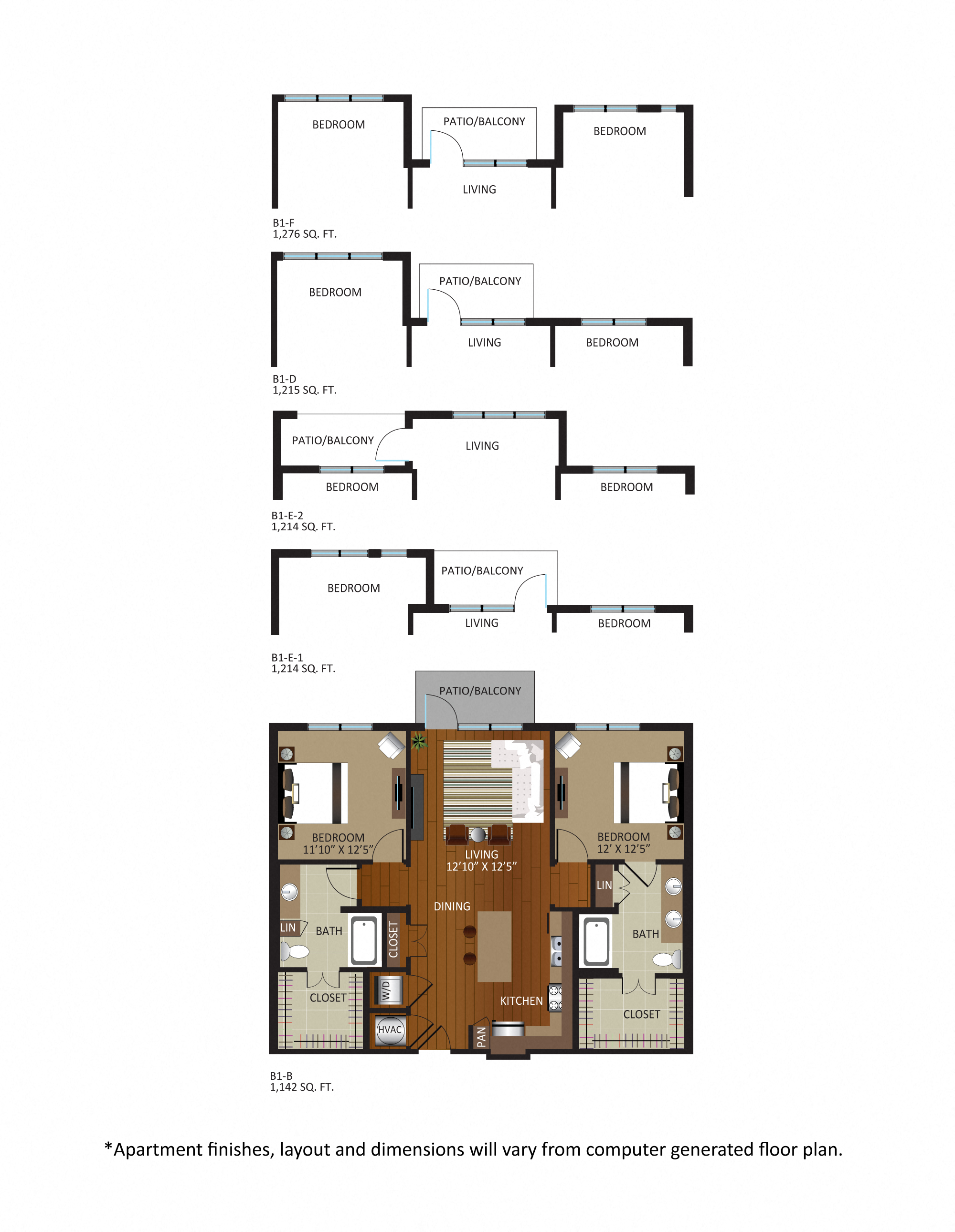 Floor plan for 2 beds, 2 baths, 1276 sqft