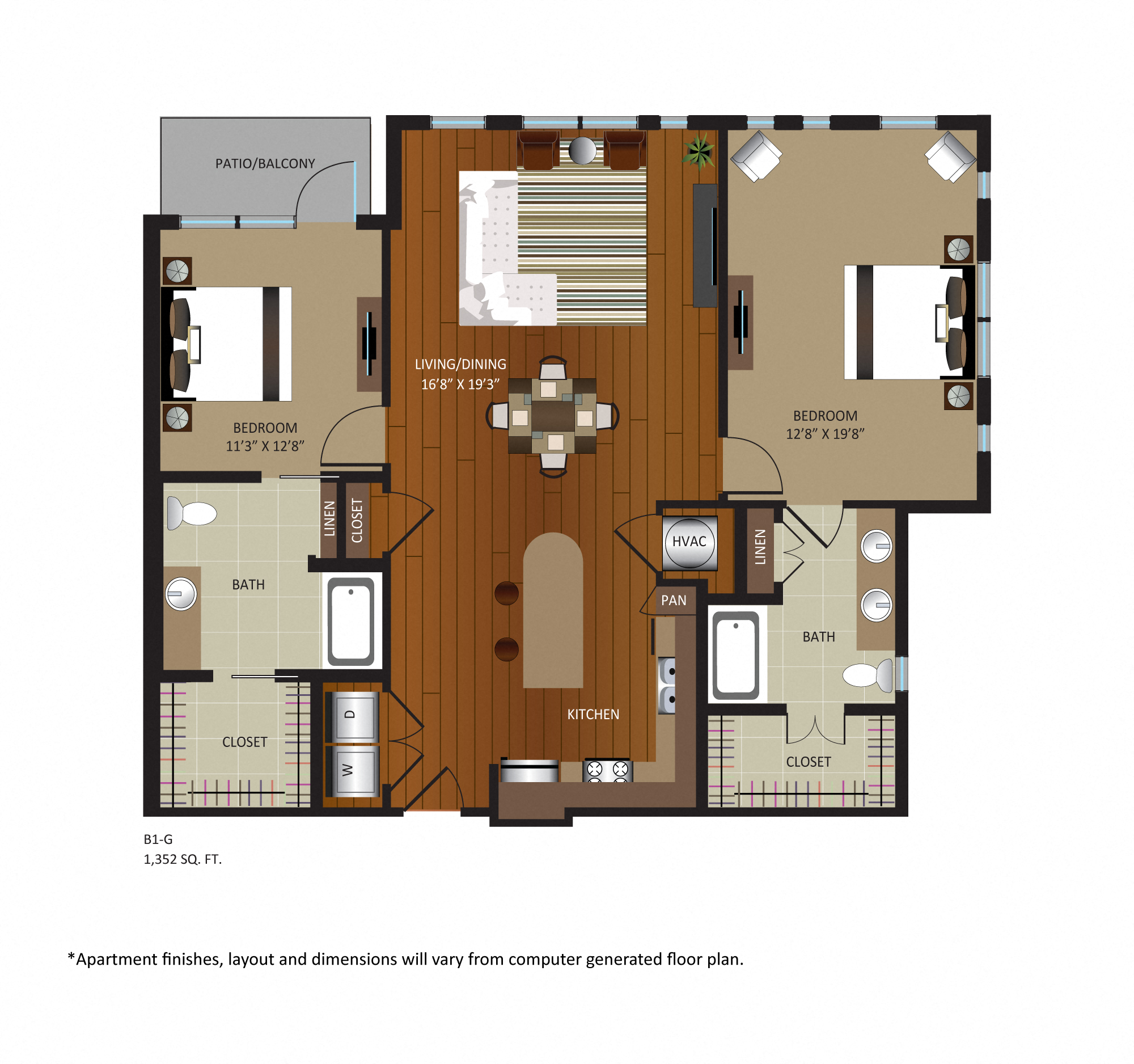 Floor plan for 2 beds, 2 baths, 1352 sqft