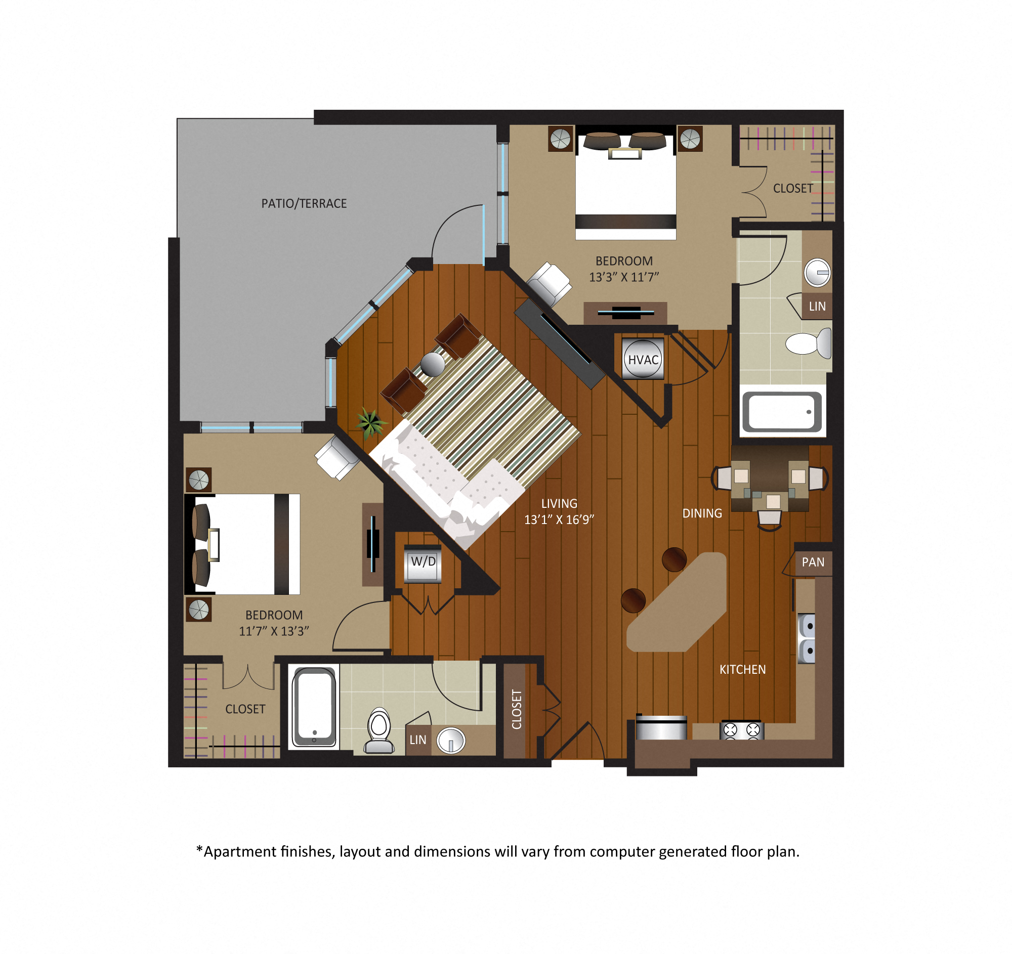 Floor plan for 2 beds, 2 baths, 1164 sqft