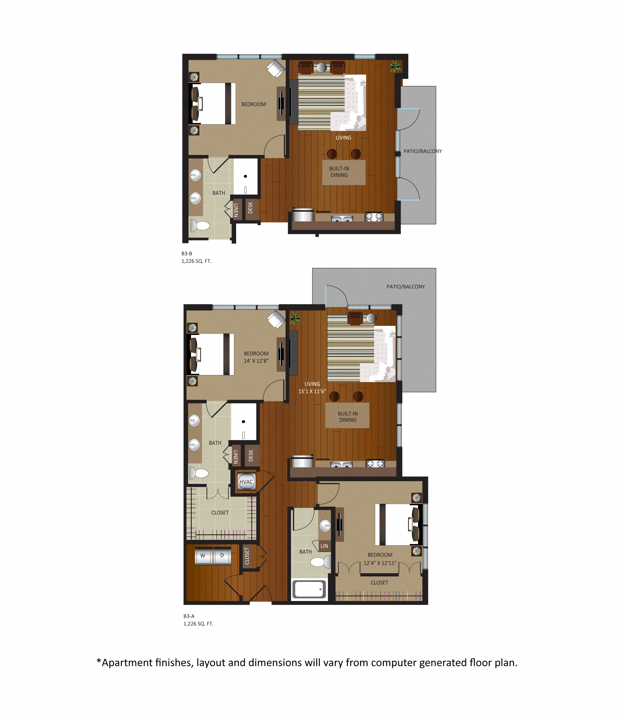 Floor plan for 2 beds, 2 baths, 1226 sqft