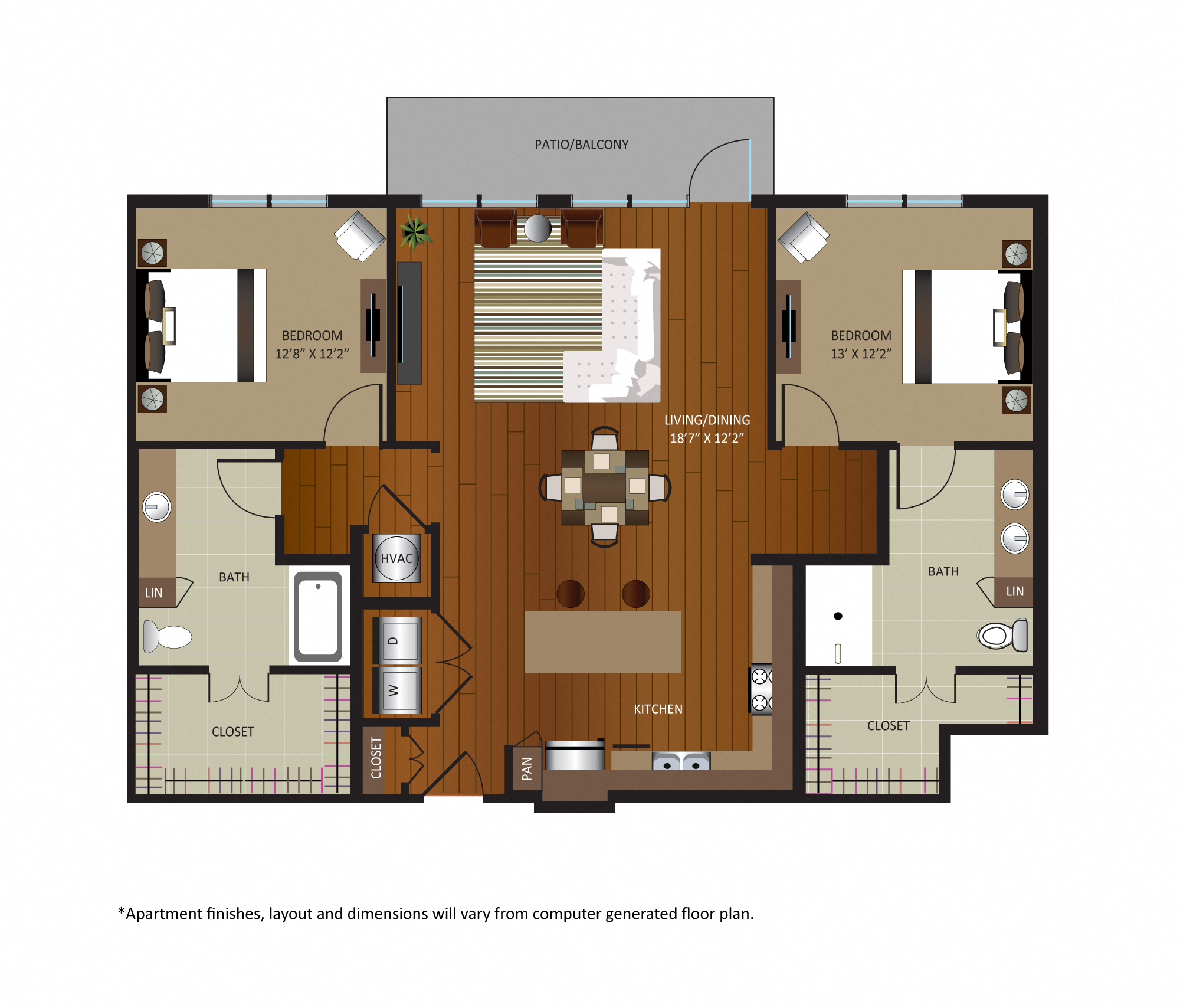 Floor plan for 2 beds, 2 baths, 1349 sqft