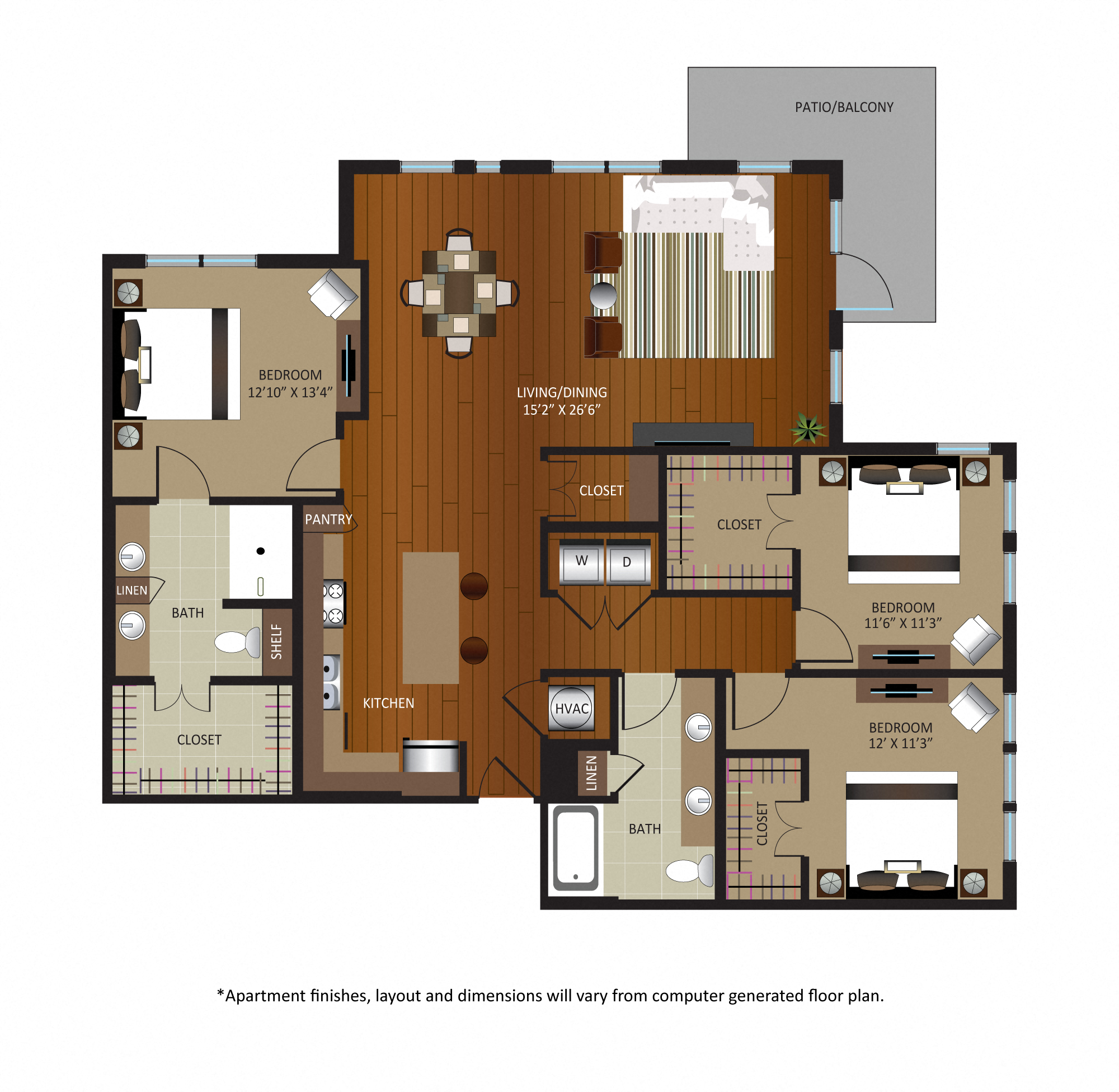 Floor plan for 3 beds, 2 baths, 1586 sqft