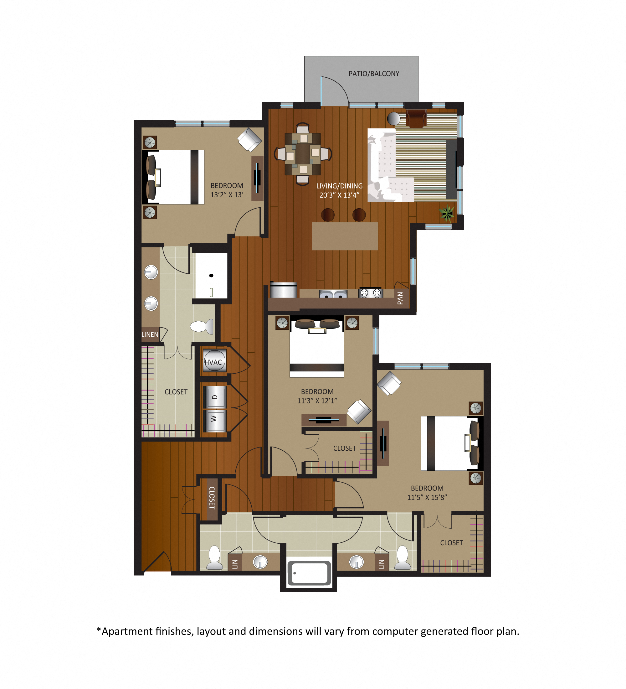 Floor plan for 3 beds, 3 baths, 1690 sqft