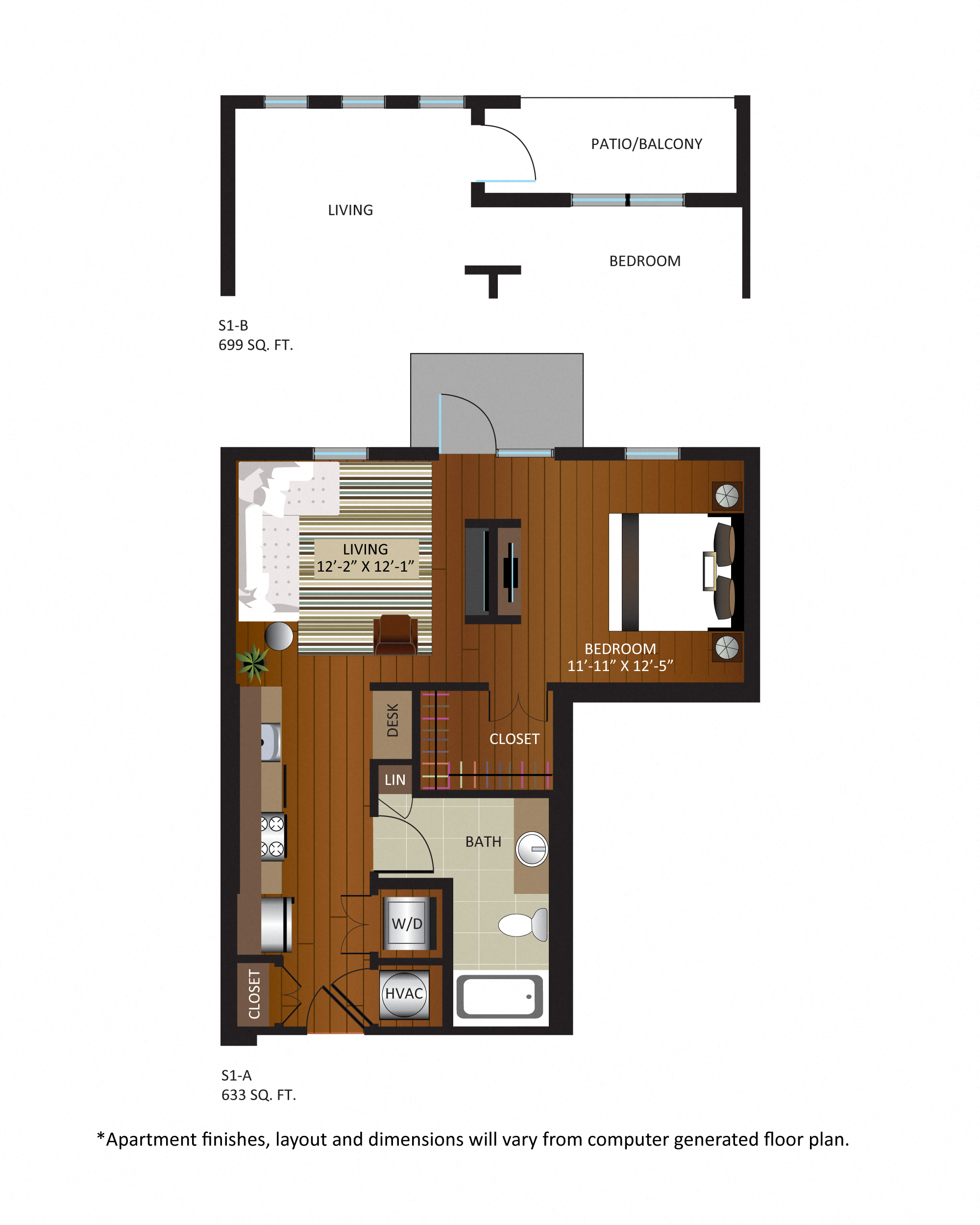 Floor plan for studio, 1 bath, 699 sqft