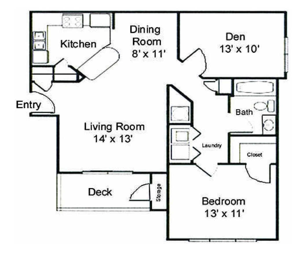 Floor plan for 1 bed, 1 bath, 909 sqft