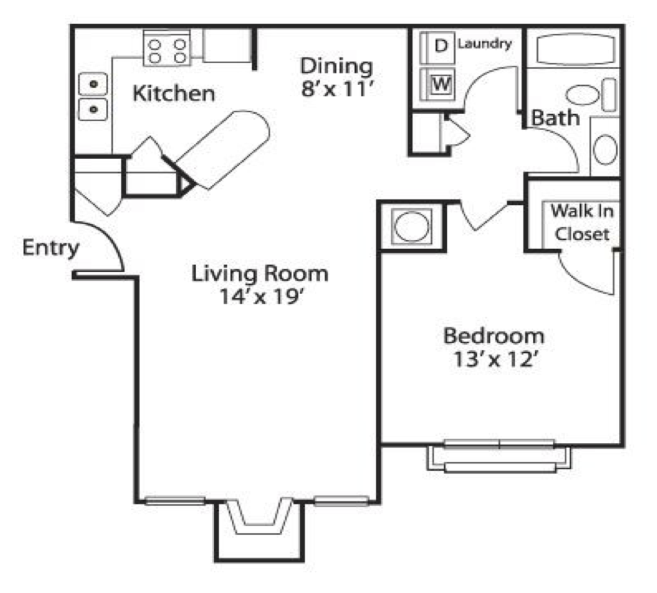 Floor plan for 1 bed, 1 bath, 864 sqft