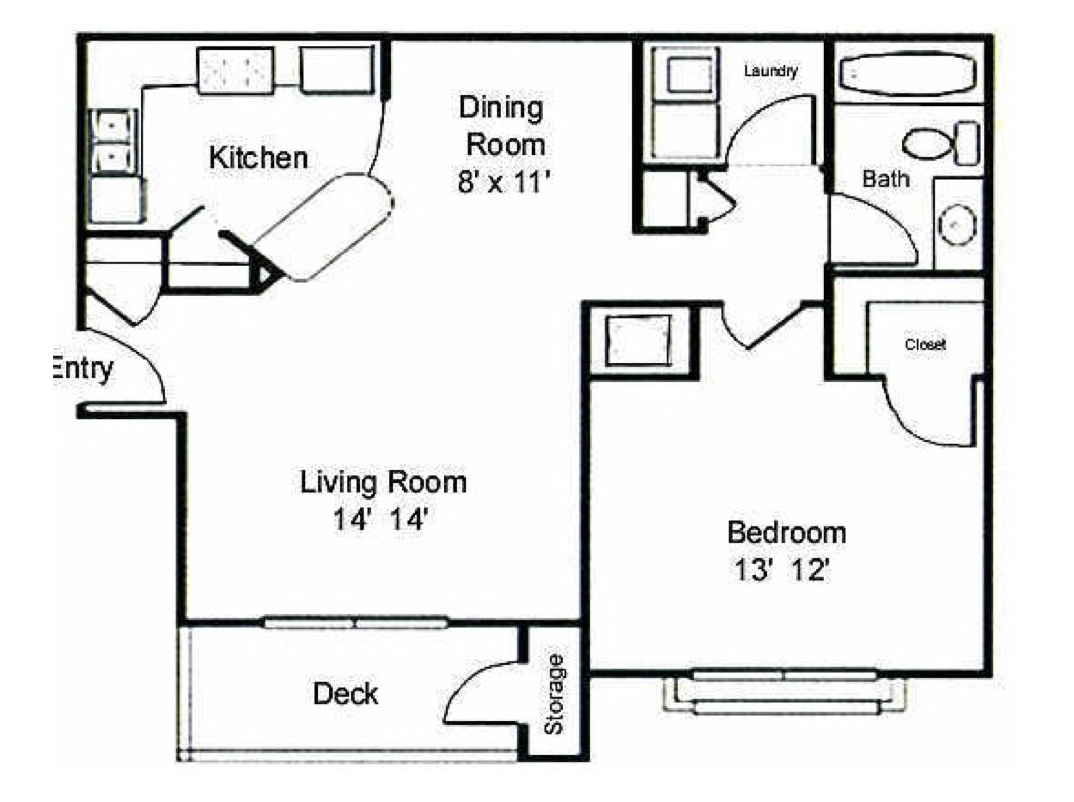 Floor plan for 1 bed, 1 bath, 783 sqft