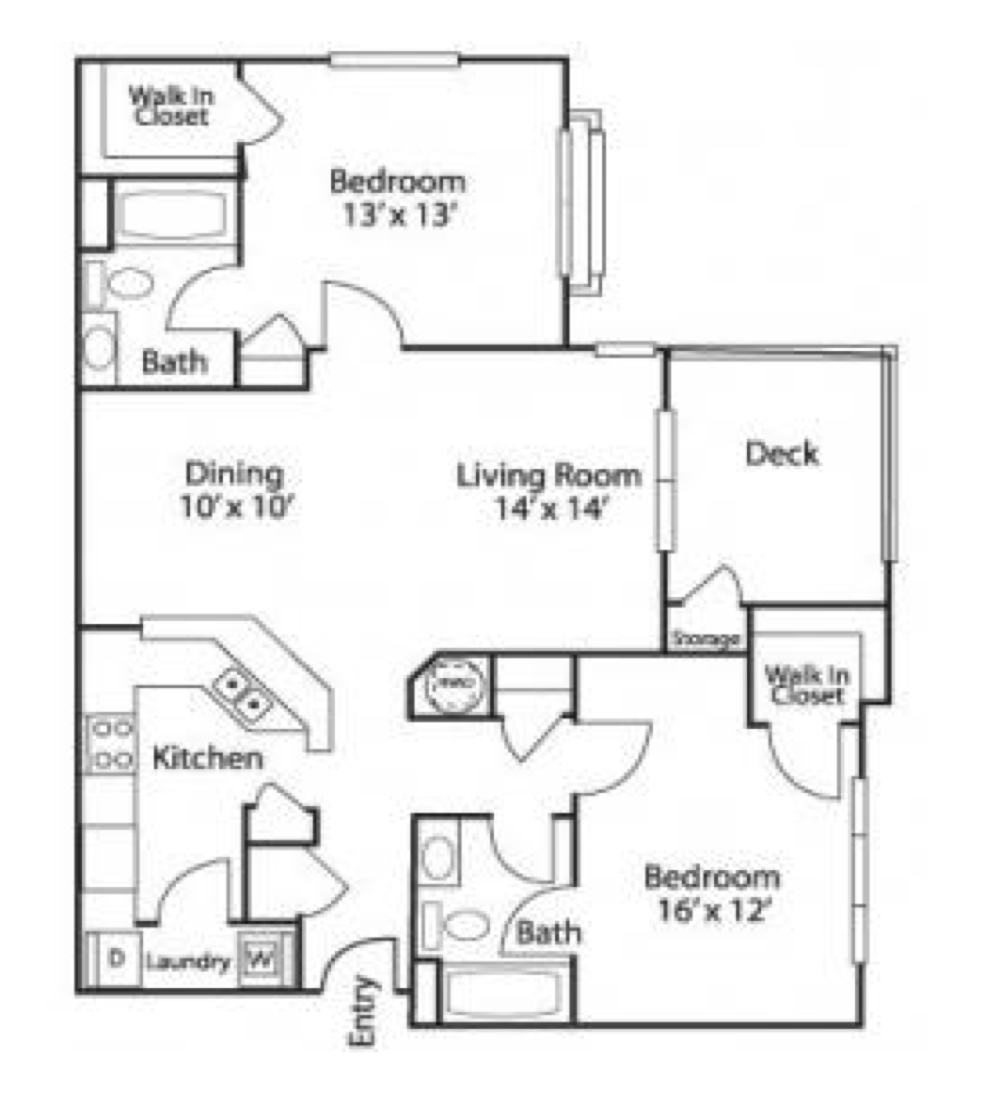 Floor plan for 2 beds, 2 baths, 1104 sqft
