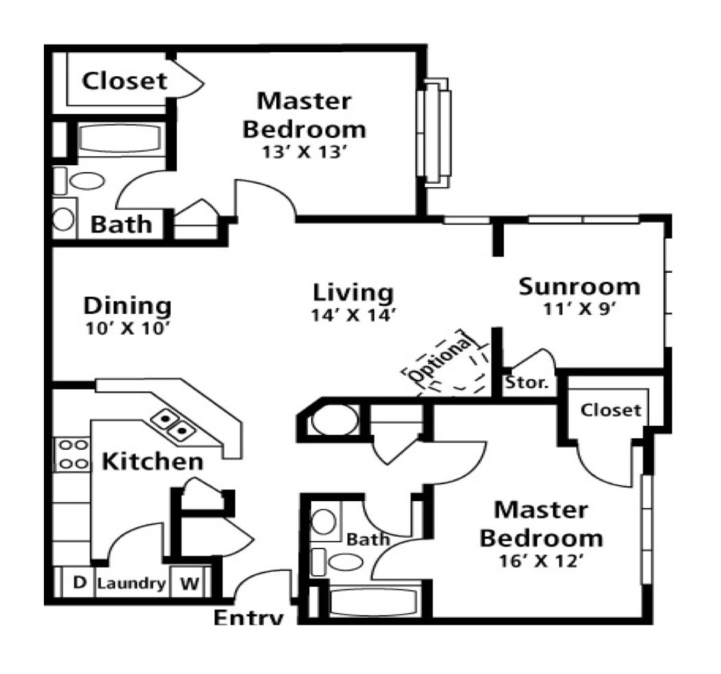 Floor plan for 2 beds, 2 baths, 1215 sqft