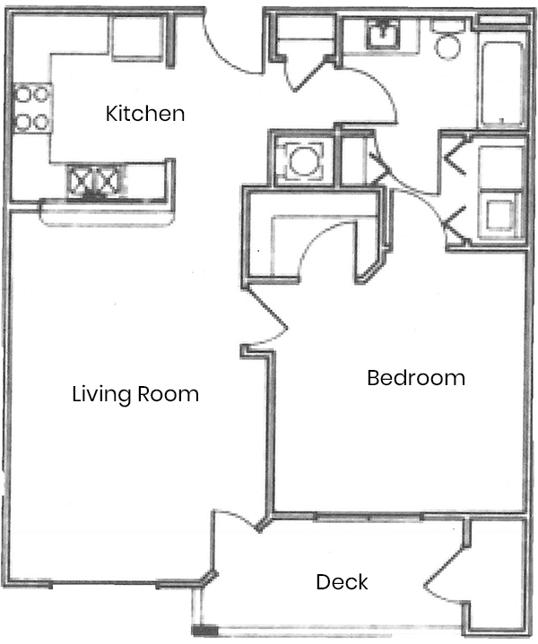 Floor plan for 1 bed, 1 bath, 735 sqft