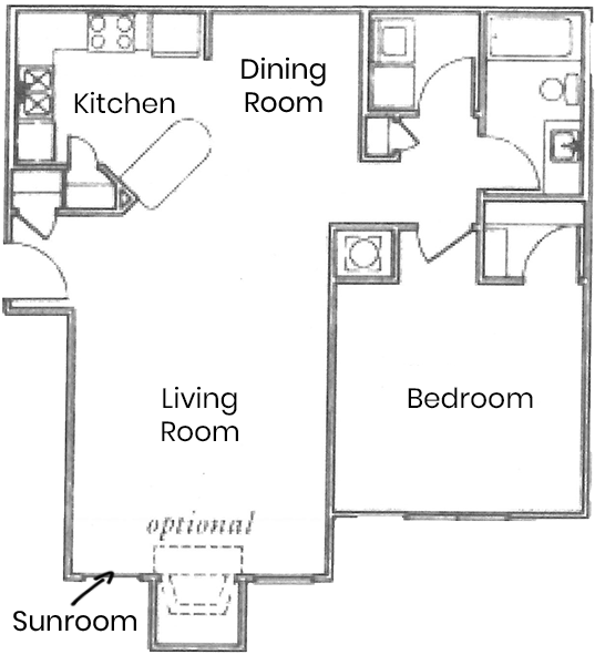 Floor plan for 1 bed, 1 bath, 840 sqft
