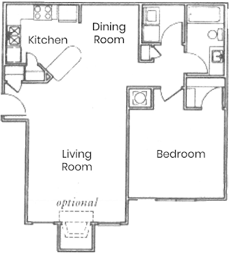 Floor plan for 1 bed, 1 bath, 840 sqft
