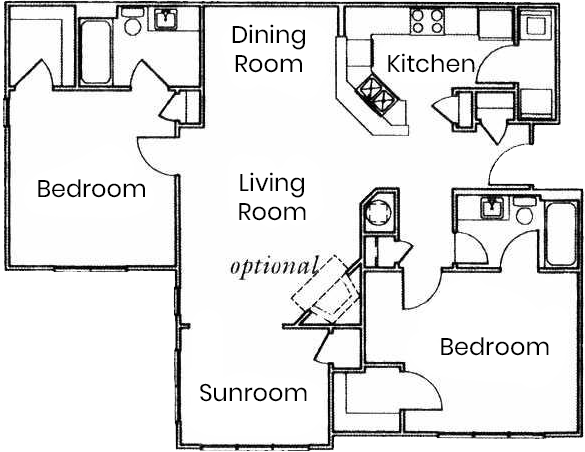 Floor plan for 2 beds, 2 baths, 1215 sqft
