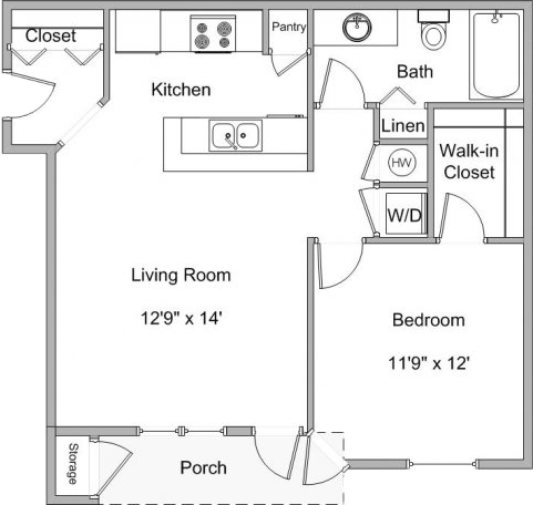 Floor plan for 1 bed, 1 bath, 750 sqft