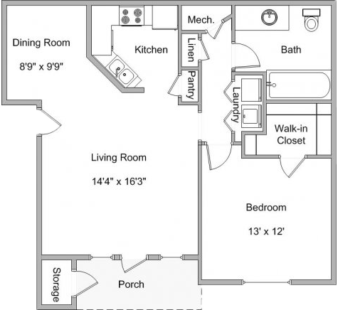 Floor plan for 1 bed, 1 bath, 865 sqft