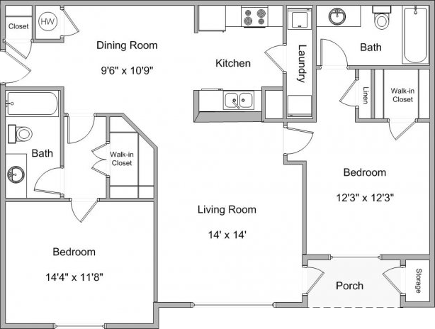 Floor plan for 2 beds, 2 baths, 1149 sqft
