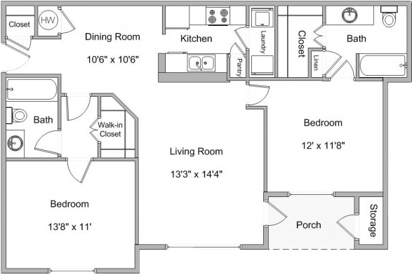 Floor plan for 2 beds, 2 baths, 1185 sqft