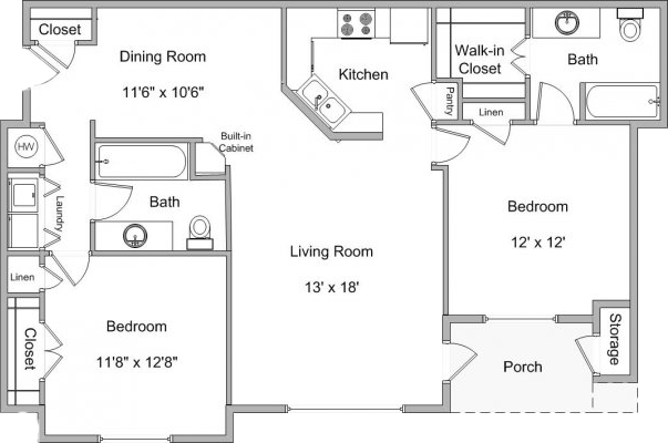Floor plan for 2 beds, 2 baths, 1264 sqft