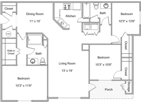 Floor plan for 3 beds, 2 baths, 1435 sqft