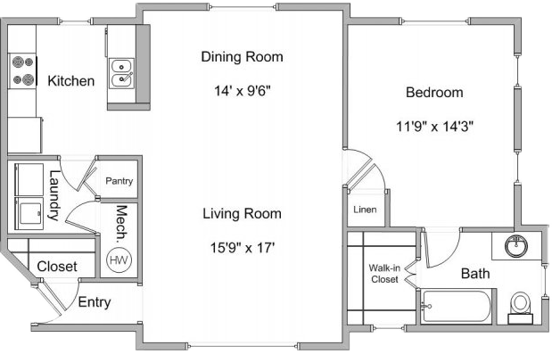 Floor plan for 1 bed, 1 bath, 988 sqft