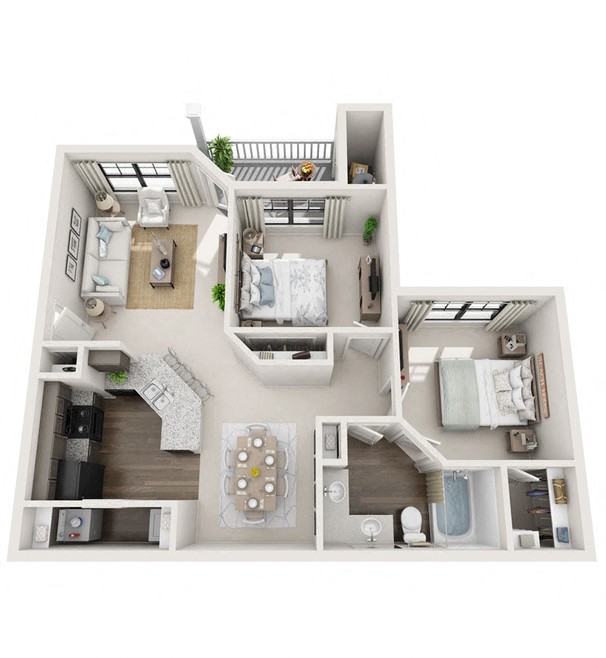 Floor plan for 2 beds, 1 bath, 979 sqft