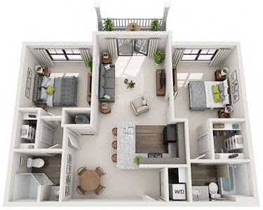 Floor plan for 2 beds, 2 baths, 1047 sqft
