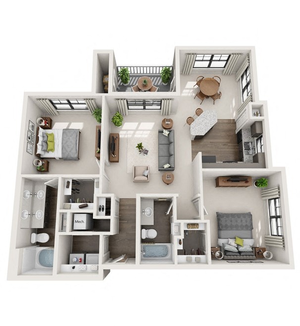 Floor plan for 2 beds, 2 baths, 1252 sqft