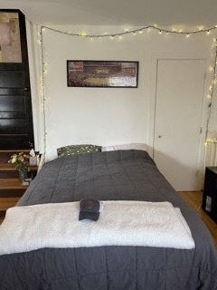 Chicago apartment for rent - a bedroom with a bed with a black comforter