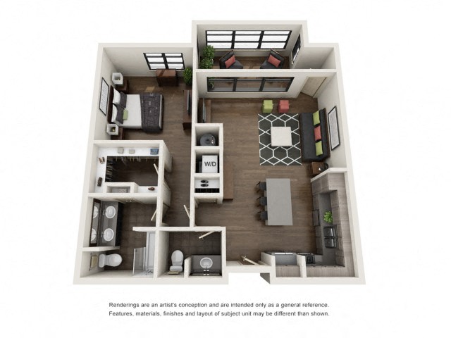 Floor plan for 1 bed, 1.5 baths, 975 sqft