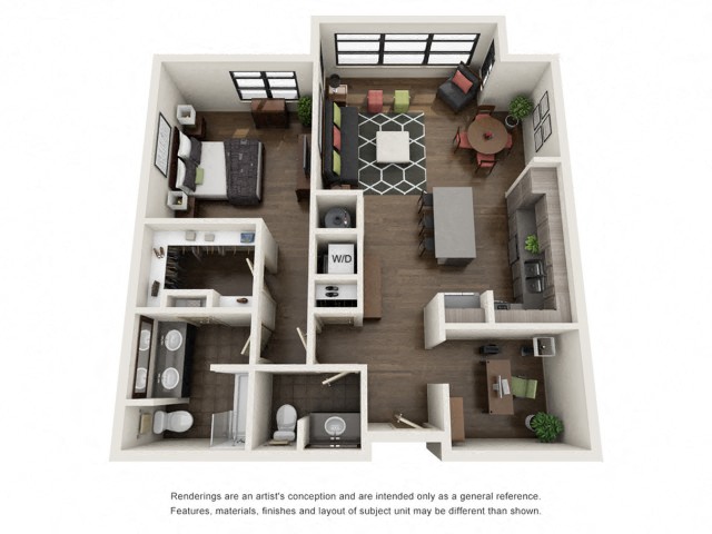 Floor plan for 1 bed, 1.5 baths, 951 sqft