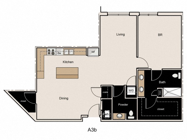 Floor plan for 1 bed, 1.5 baths, 1068 sqft